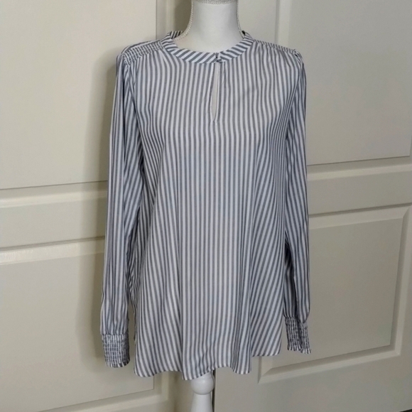 LOFT women's medium blue/white striped flounce long sleeve blouse lightweight - Picture 1 of 10